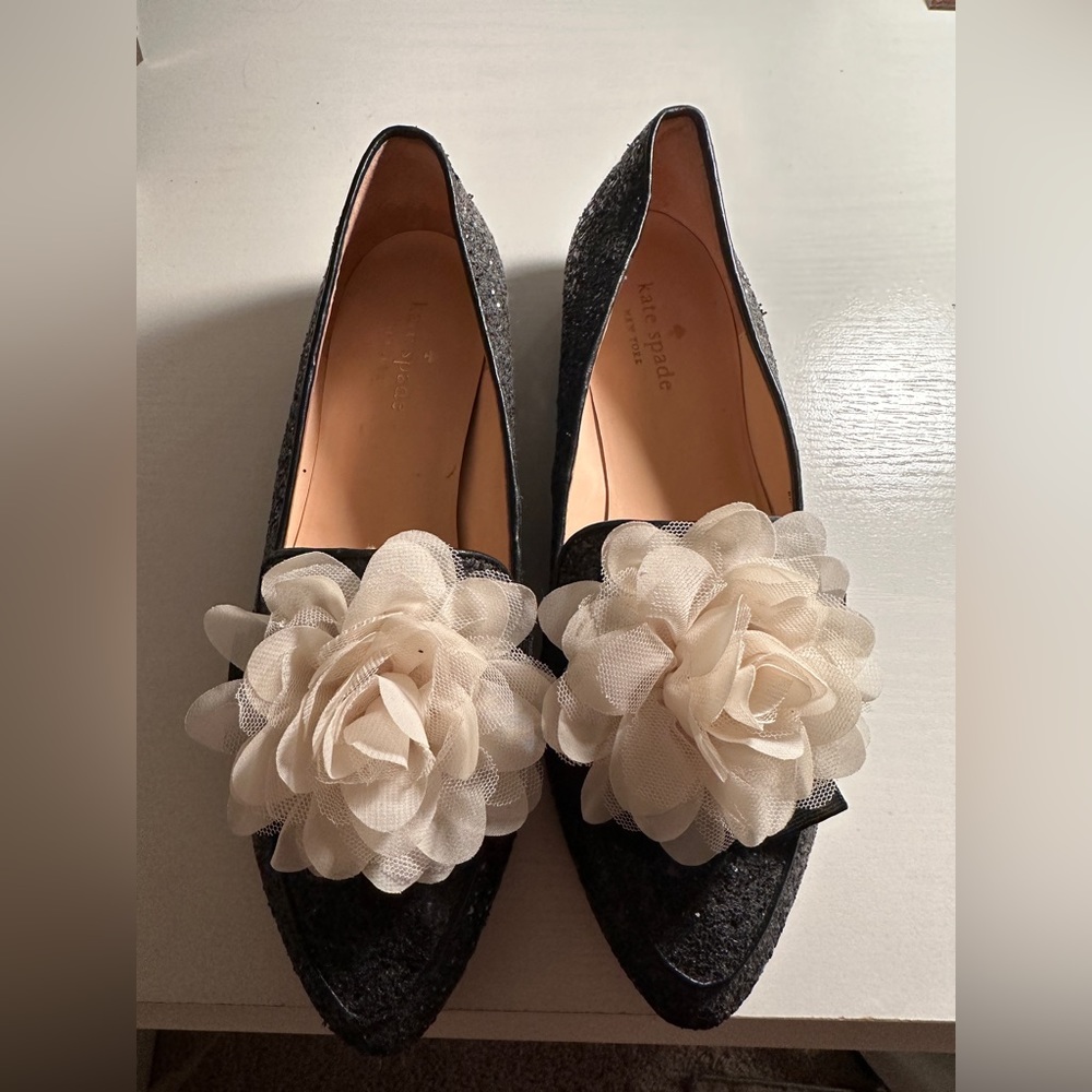 Kate Spade glittery loafers with white bow